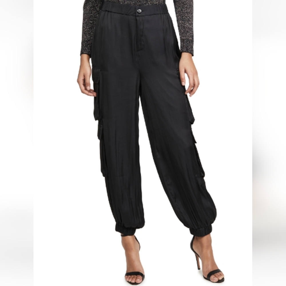 🌿 English Factory Black Balloon Satin Cargo Pants, Size M ~ EUC